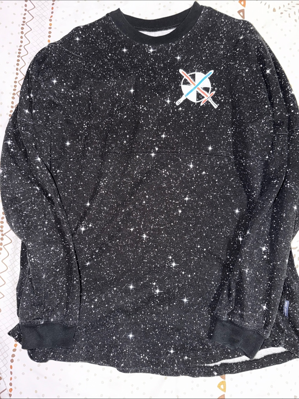 Disney Black Star Wars Speckled Crewneck with Red and Blue Emblem